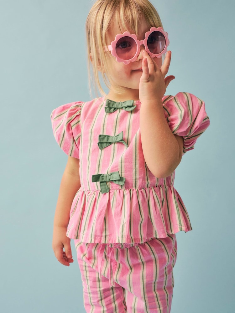 Image 14: River Island Pink Stripe Puff Sleeve Top &amp; Bow Wide Leg Set - Image 2 of 5