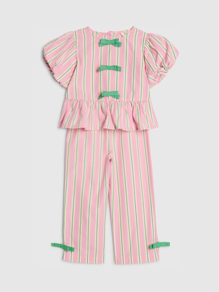 Image 15: River Island Pink Stripe Puff Sleeve Top &amp; Bow Wide Leg Set - Image 3 of 5