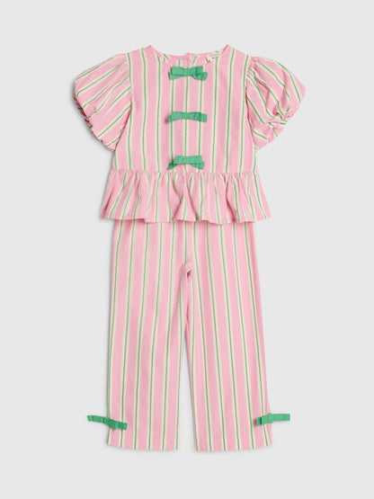Image 15: River Island Pink Stripe Puff Sleeve Top &amp; Bow Wide Leg Set - Image 3 of 5