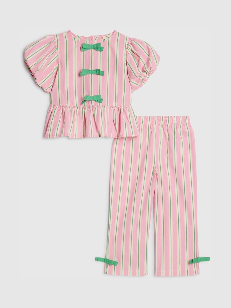 Image 16: River Island Pink Stripe Puff Sleeve Top &amp; Bow Wide Leg Set - Image 4 of 5