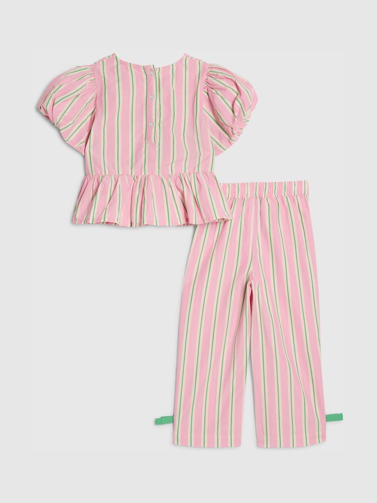 Image 17: River Island Pink Stripe Puff Sleeve Top &amp; Bow Wide Leg Set - Image 5 of 5