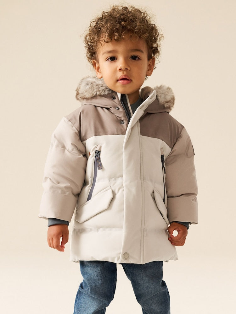 Neutral Colour Block Waterproof Padded Coat (12mths-10yrs) - Block / 12-18 Months (80-86cm)