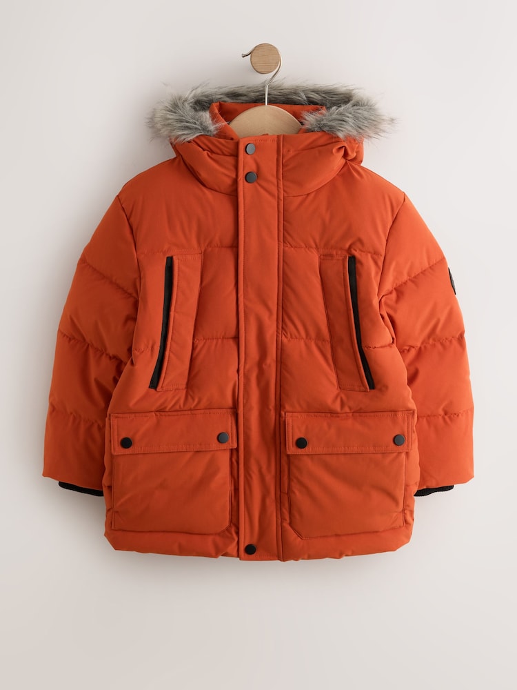 Orange Heavyweight Shower Resistant Faux Fur Trim Parka Coat (3-16yrs)