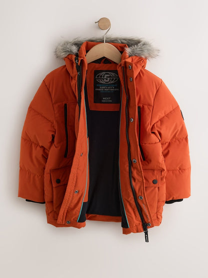 Orange Heavyweight Shower Resistant Faux Fur Trim Parka Coat (3-16yrs)