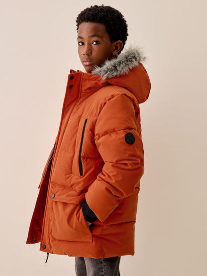 Orange Heavyweight Shower Resistant Faux Fur Trim Parka Coat (3-16yrs)