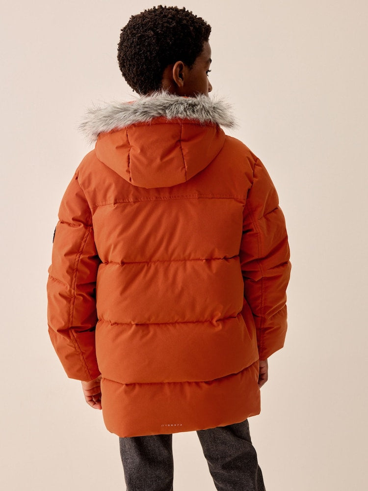 Orange Heavyweight Shower Resistant Faux Fur Trim Parka Coat (3-16yrs)