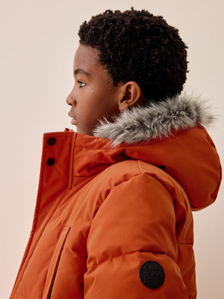 Orange Heavyweight Shower Resistant Faux Fur Trim Parka Coat (3-16yrs)