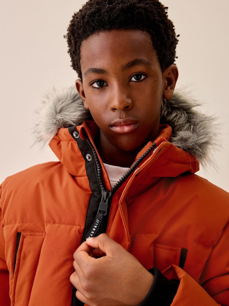 Orange Heavyweight Shower Resistant Faux Fur Trim Parka Coat (3-16yrs)