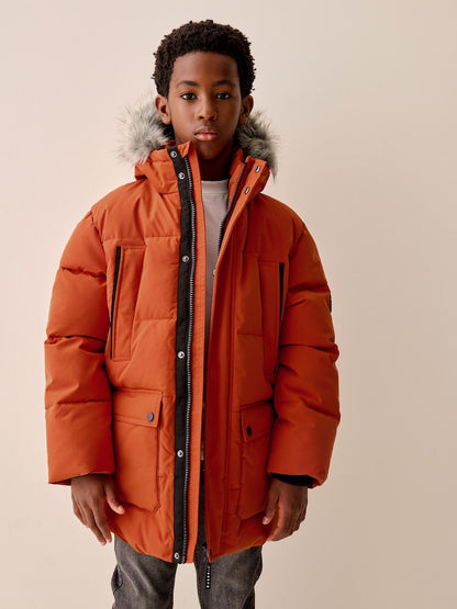 Orange Heavyweight Shower Resistant Faux Fur Trim Parka Coat (3-16yrs)