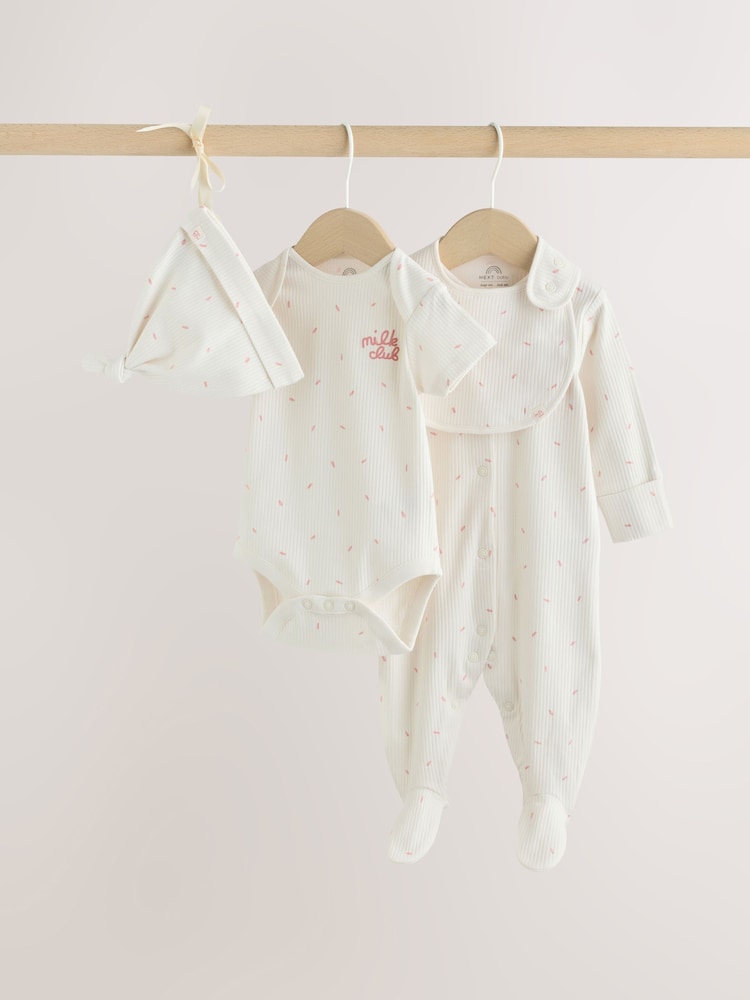 Cream Milk Club Baby Sleepsuit, Bodysuit, Bib and Hat Set 4 Piece (0-9mths) - Up to 1 Month (50-56cm)