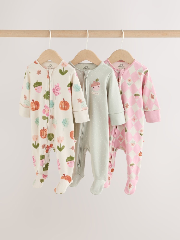 Sage Green Pumpkin Two Way Zip Baby Sleepsuits 3 Pack (0-3yrs) - Sage Green Pumpkin / Up to 1 Month (50-56cm)