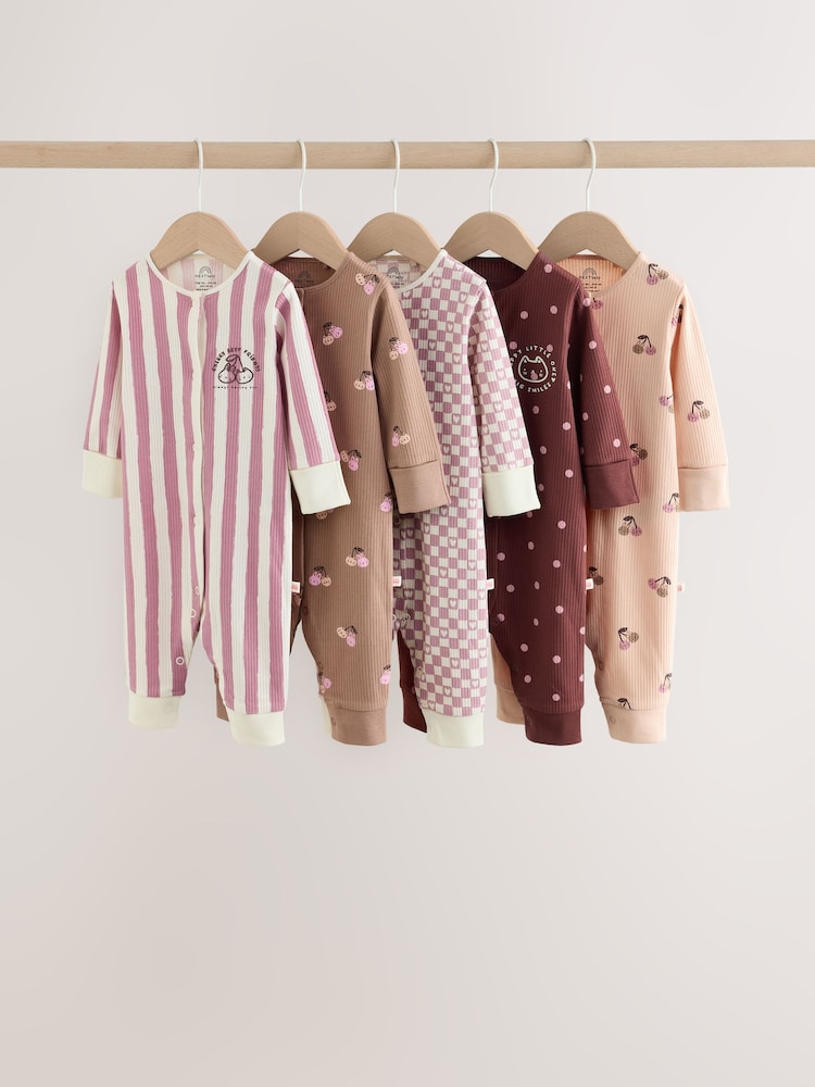 Burgundy/Purple Cat Baby Sleepsuits 5 Pack (0mths-2yrs) - Up to 1 Month (50-56cm)