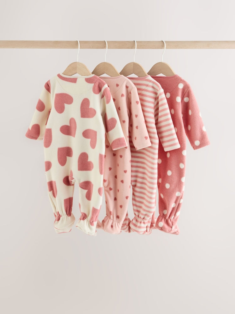 Pink Heart Baby Micro Fleece Two Way Zip Sleepsuits 4 Pack