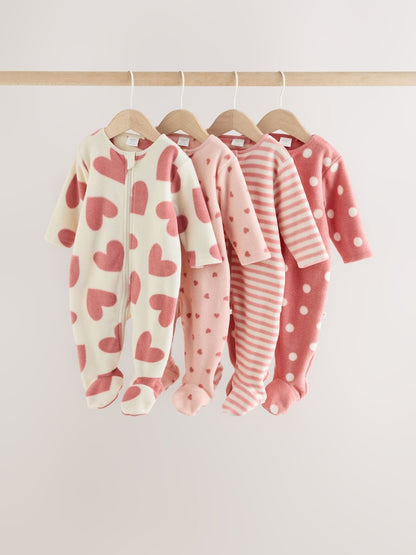 Pink Heart Baby Micro Fleece Two Way Zip Sleepsuits 4 Pack - Up to 1 Month (50-56cm)