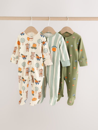 Sage Green Pumpkin Baby Sleepsuits 3 Pack (0mths-2yrs) - Sage Green Pumpkin / Up to 1 Month (50-56cm)