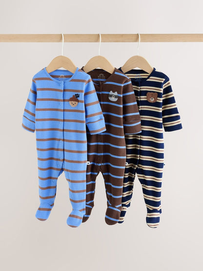 Blue/Brown Stripe Baby Sleepsuits 3 Pack (0mths-2yrs) - Blue/Brown Stripe / Up to 1 Month (50-56cm)