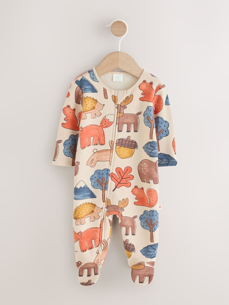 Multi Woodland Animal Fleece Lined Two Way Zip Baby Sleepsuit - Up to 1 Month (50-56cm)