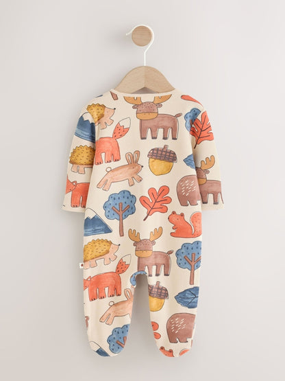 Multi Woodland Animal Fleece Lined Two Way Zip Baby Sleepsuit
