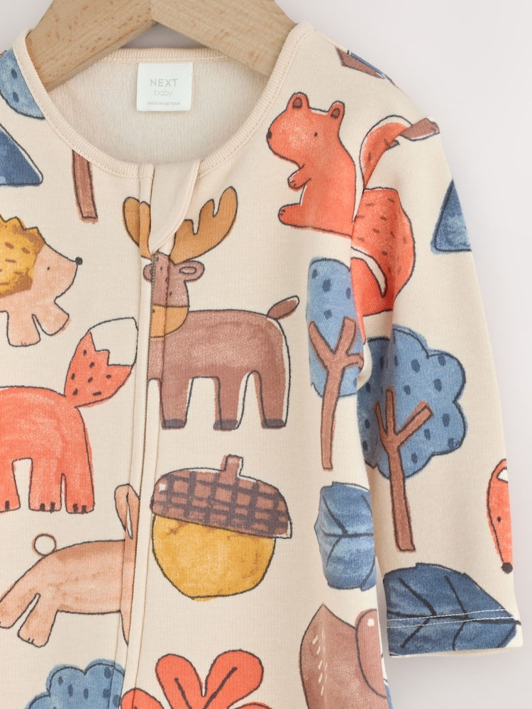 Multi Woodland Animal Fleece Lined Two Way Zip Baby Sleepsuit