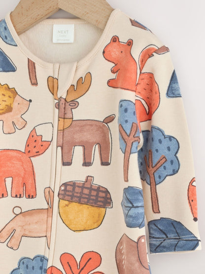 Multi Woodland Animal Fleece Lined Two Way Zip Baby Sleepsuit