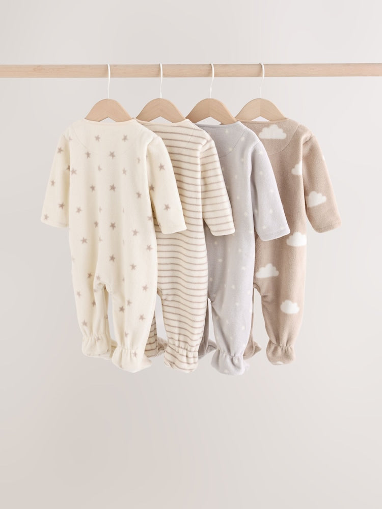 Neutral Micro Fleece Two Way Zip Baby Sleepsuits 4 Pack