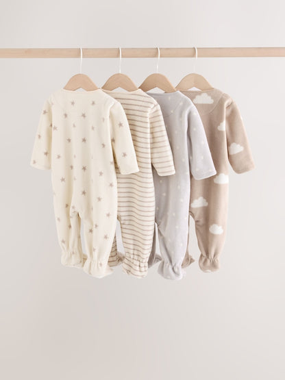 Neutral Micro Fleece Two Way Zip Baby Sleepsuits 4 Pack