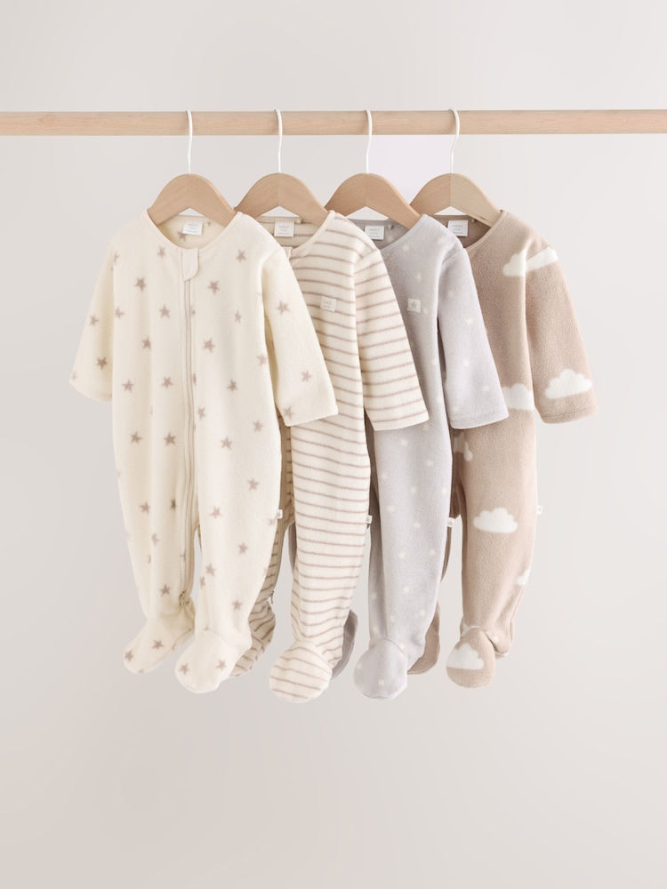 Neutral Micro Fleece Two Way Zip Baby Sleepsuits 4 Pack