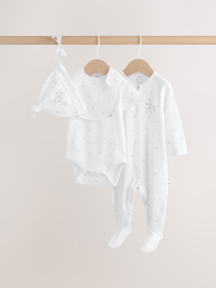 White Baby Sleepsuit, Bodysuit, Hat and Bib Set 4 Piece (0-9mths) - White / Up to 1 Month (50-56cm)