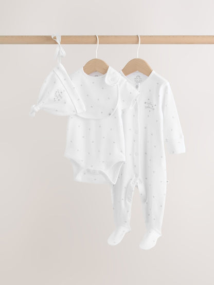 White Baby Sleepsuit, Bodysuit, Hat and Bib Set 4 Piece (0-9mths) - White / Up to 1 Month (50-56cm)
