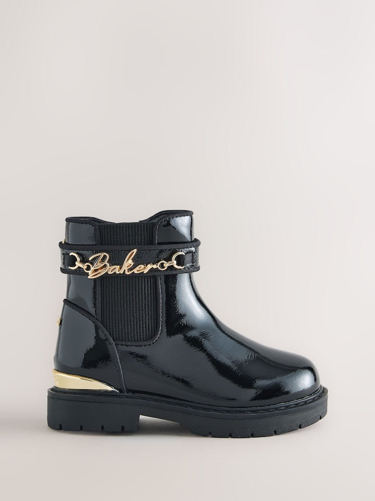 Baker by Ted Baker Black Patent Baker by Ted Baker Black Multiple Straps Chunky Chelsea Black Patent Boots