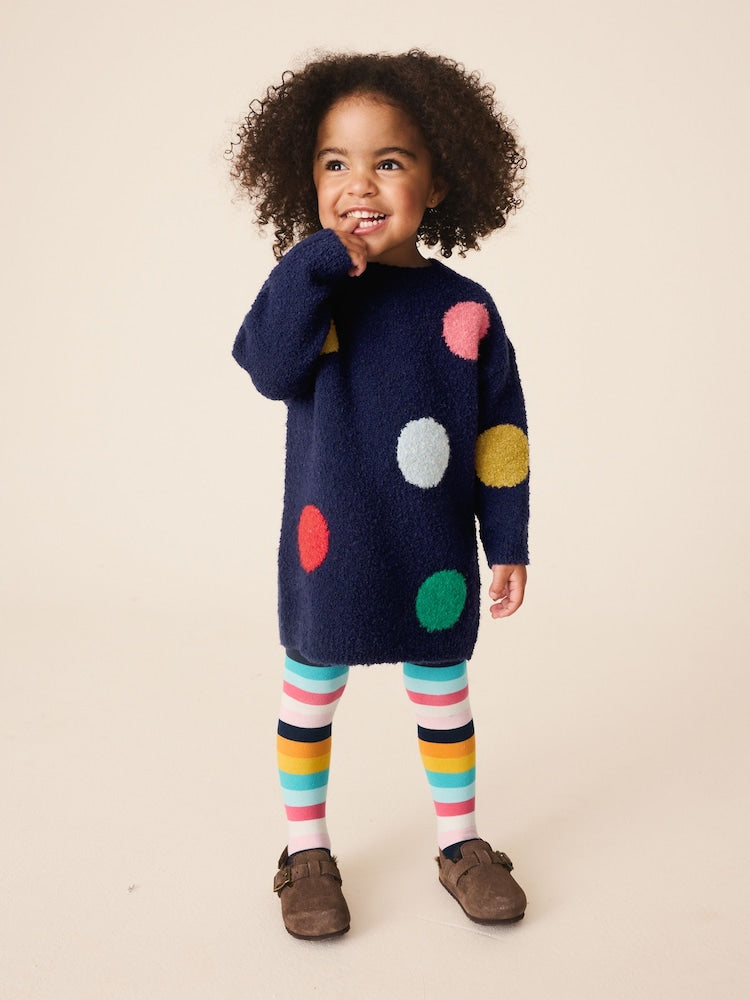 Navy Rainbow Spot Knitted Jumper Dress And Tights Set (3mths-7yrs) - Navy Rainbow Spot / 12-18 Months (80-86cm)