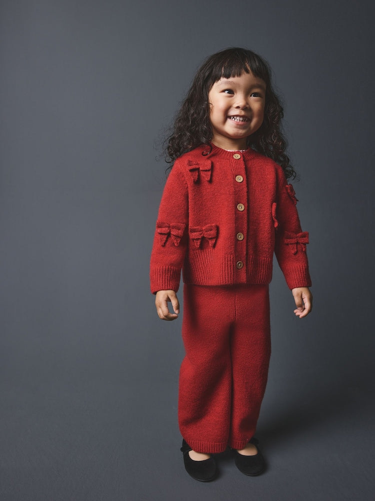 Red Bow Embroidered Cardigan and Trousers Set (3mths-7yrs) - Red / 12 - 18 Months (80 - 86cm)