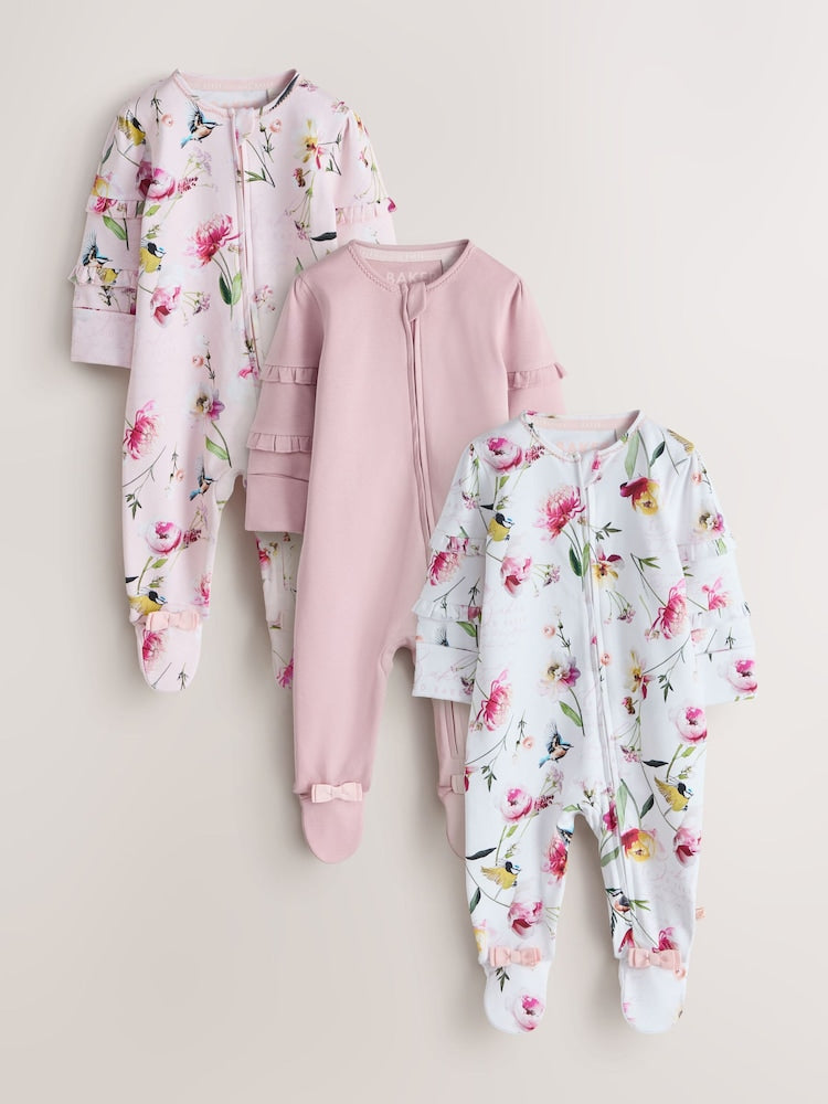 Baker by Ted Baker Pink/White Cotton Printed Sleepsuits 3 Pack