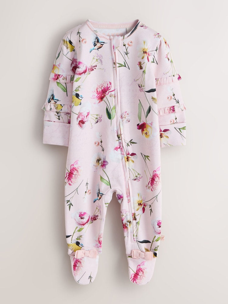 Baker by Ted Baker Pink/White Cotton Printed Sleepsuits 3 Pack