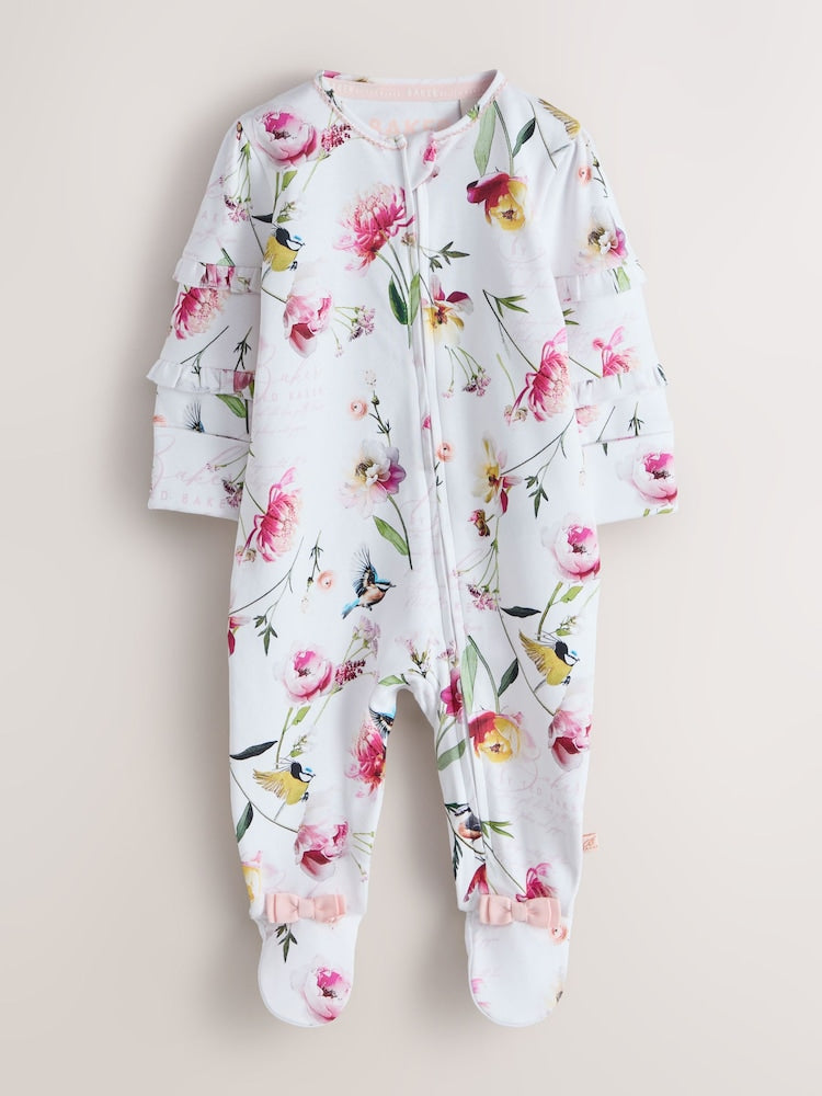 Baker by Ted Baker Pink/White Cotton Printed Sleepsuits 3 Pack