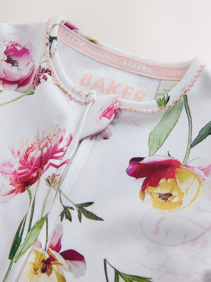 Baker by Ted Baker Pink/White Cotton Printed Sleepsuits 3 Pack