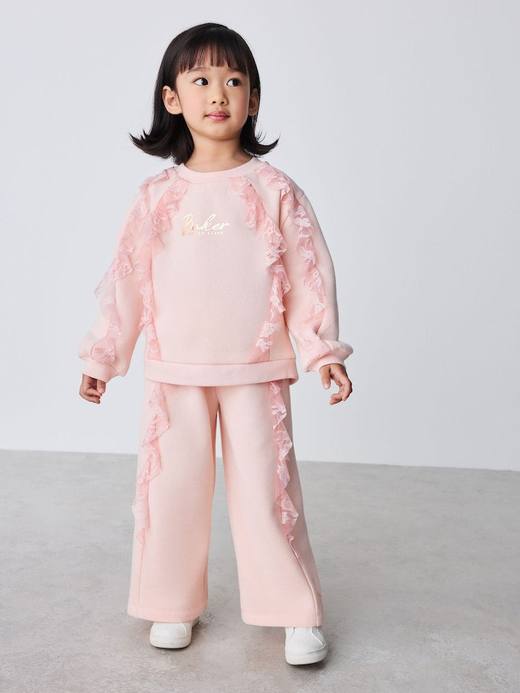 Baker by Ted Baker Pink Lace Trim Sweat Top &amp; Joggers Set 2 Piece