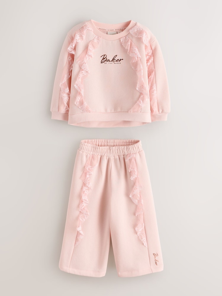 Baker by Ted Baker Pink Lace Trim Sweat Top &amp; Joggers Set 2 Piece
