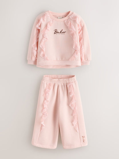 Baker by Ted Baker Pink Lace Trim Sweat Top &amp; Joggers Set 2 Piece