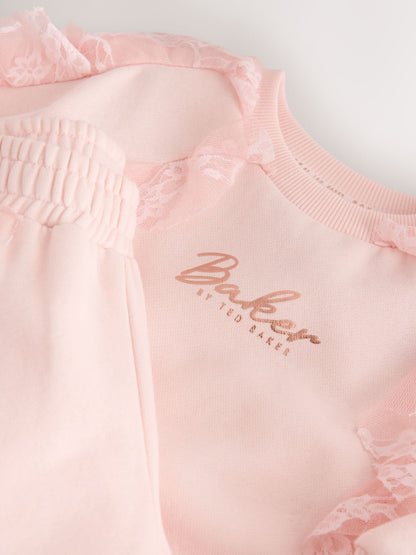 Baker by Ted Baker Pink Lace Trim Sweat Top &amp; Joggers Set 2 Piece