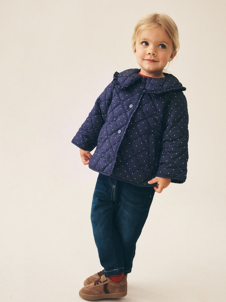 Navy Polka Dot Shower Resistant Frill Collar Quilted Jacket (3mths-7yrs)
