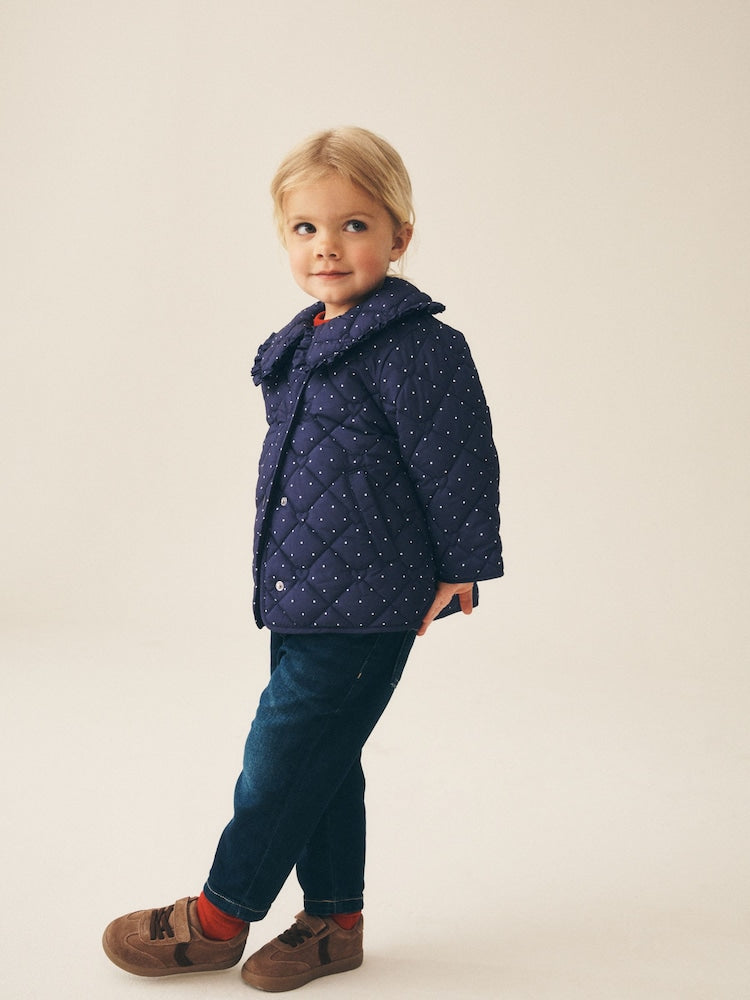 Navy Polka Dot Shower Resistant Frill Collar Quilted Jacket (3mths-7yrs)