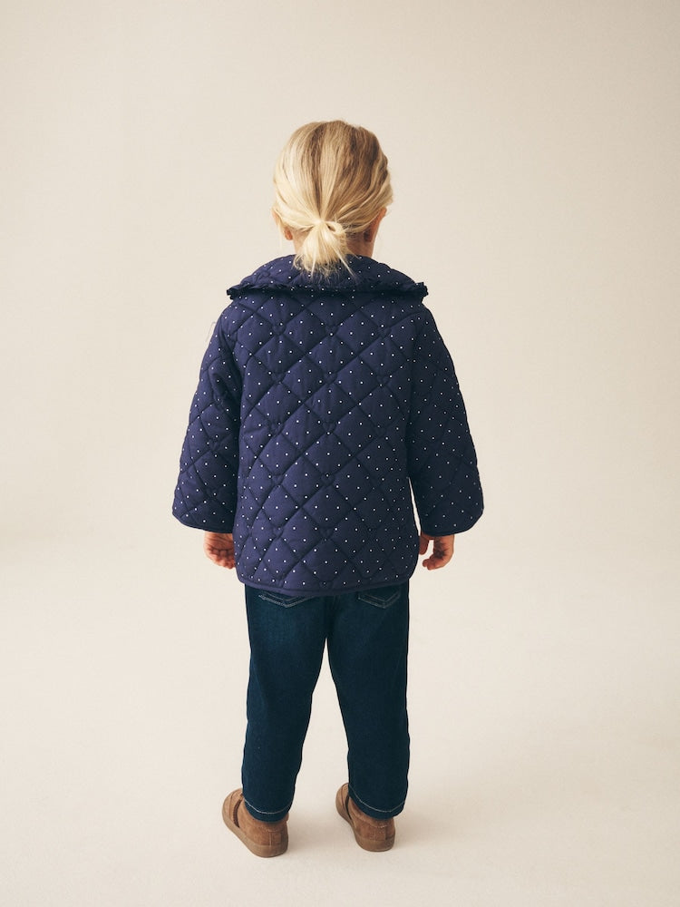 Navy Polka Dot Shower Resistant Frill Collar Quilted Jacket (3mths-7yrs)