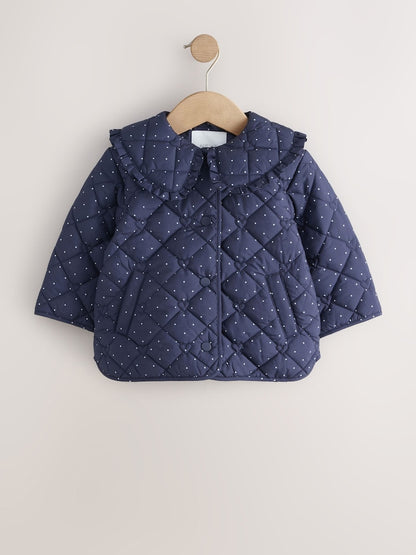 Navy Polka Dot Shower Resistant Frill Collar Quilted Jacket (3mths-7yrs)