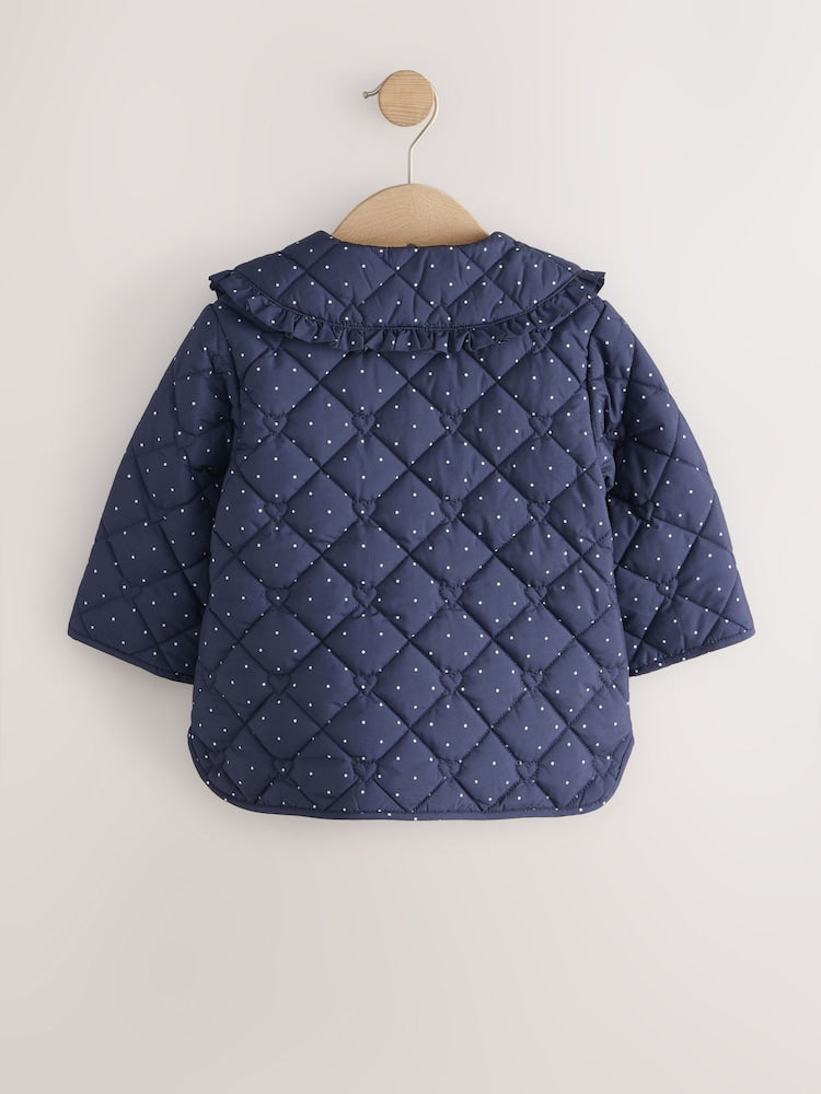 Navy Polka Dot Shower Resistant Frill Collar Quilted Jacket (3mths-7yrs)
