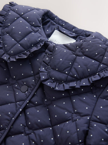 Navy Polka Dot Shower Resistant Frill Collar Quilted Jacket (3mths-7yrs)