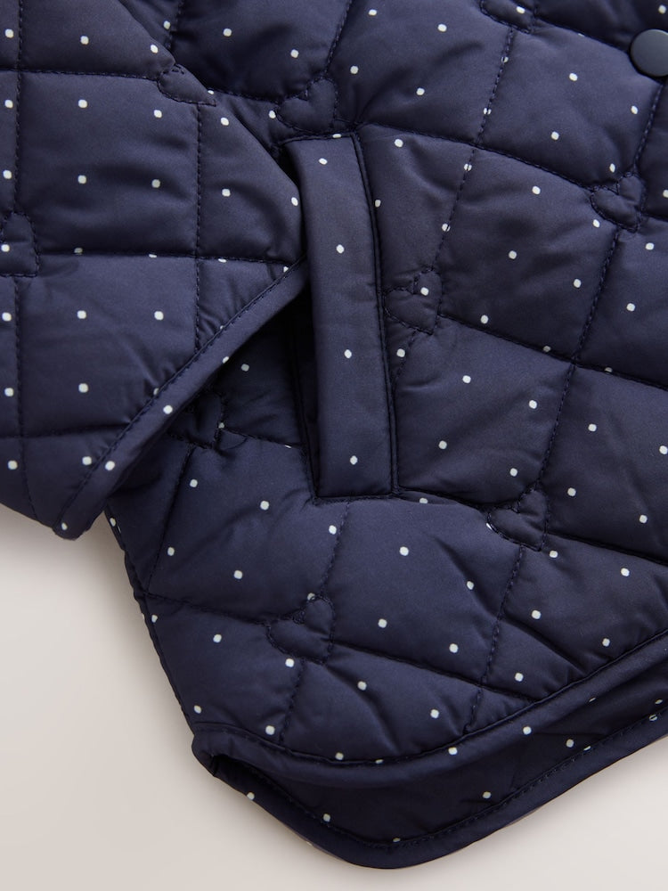 Navy Polka Dot Shower Resistant Frill Collar Quilted Jacket (3mths-7yrs)