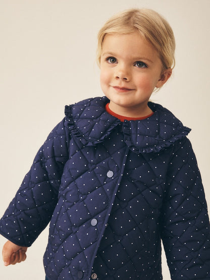 Navy Polka Dot Shower Resistant Frill Collar Quilted Jacket (3mths-7yrs)