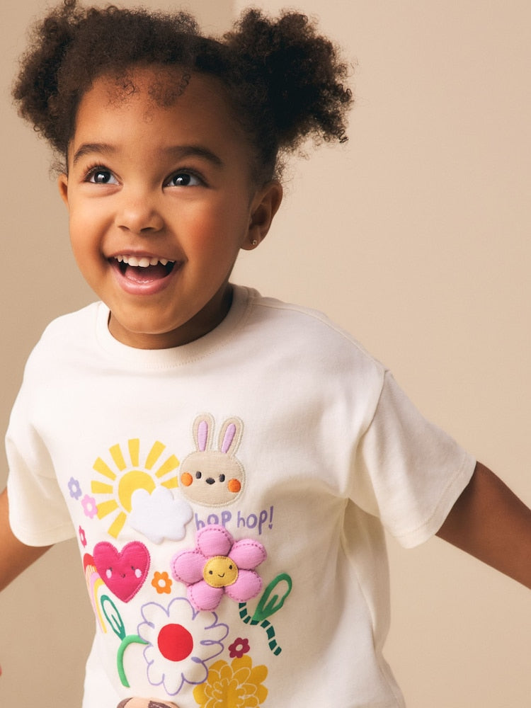 Ecru White Padded Bunny Short Sleeve T-Shirt (3mths-7yrs)