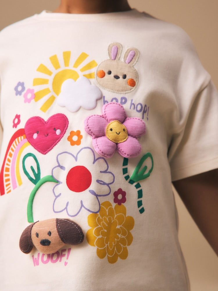 Ecru White Padded Bunny Short Sleeve T-Shirt (3mths-7yrs)